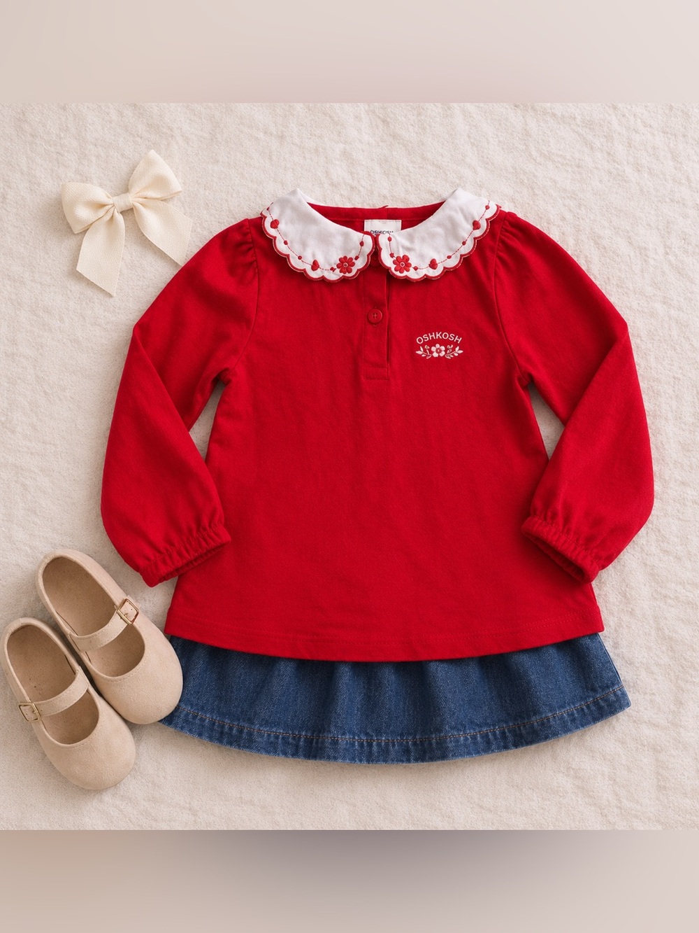 Vintage OshKosh Red Peter Pan Collar Shirt Toddler Girls Cottagecore